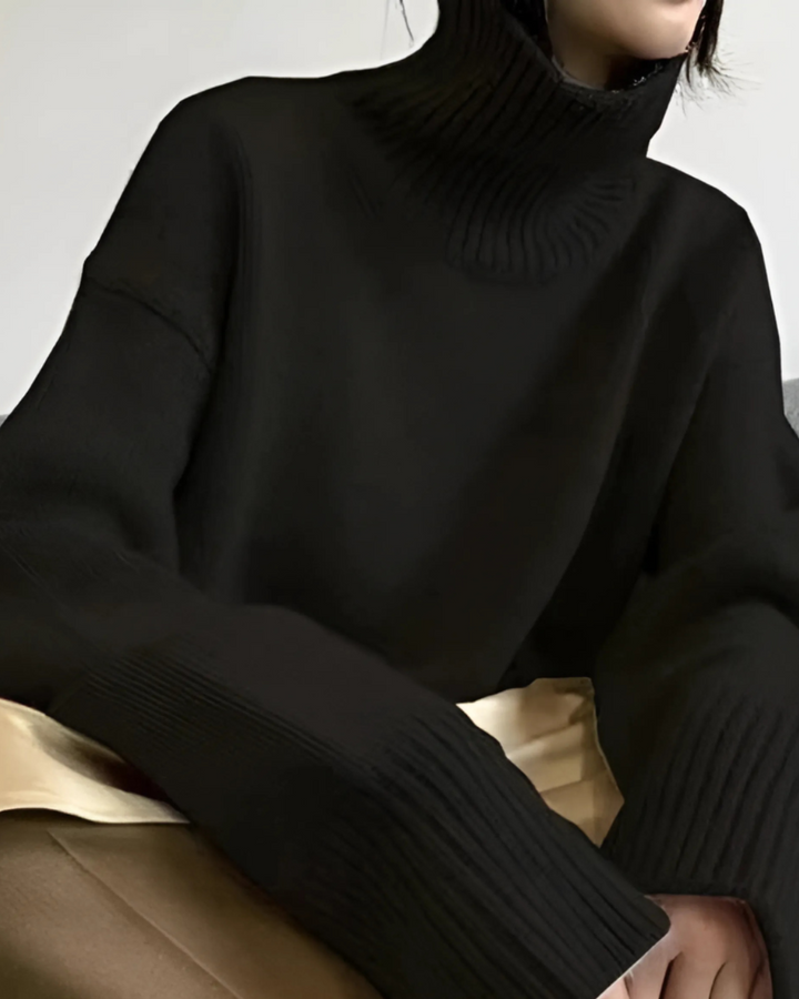Model wearing a comfortable oversized turtleneck sweater, ideal for spring mornings