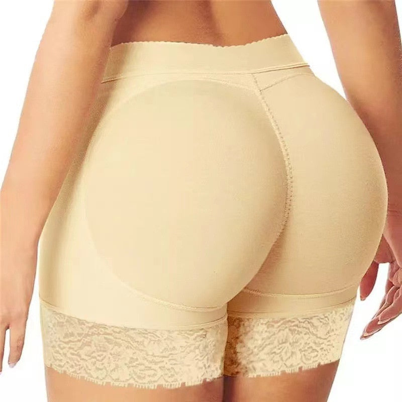 Women's padded shaping shorts with elegant lace trim, offering seamless lift & comfortable curve enhancement.