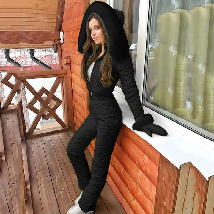 Cozy women's padded winter suit for stylish cold weather fashion. Insulated full suit offers ultimate warmth.