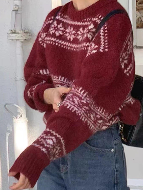 Women's patterned crewneck knit sweater, spring fashion casual wear, comfortable ladies top