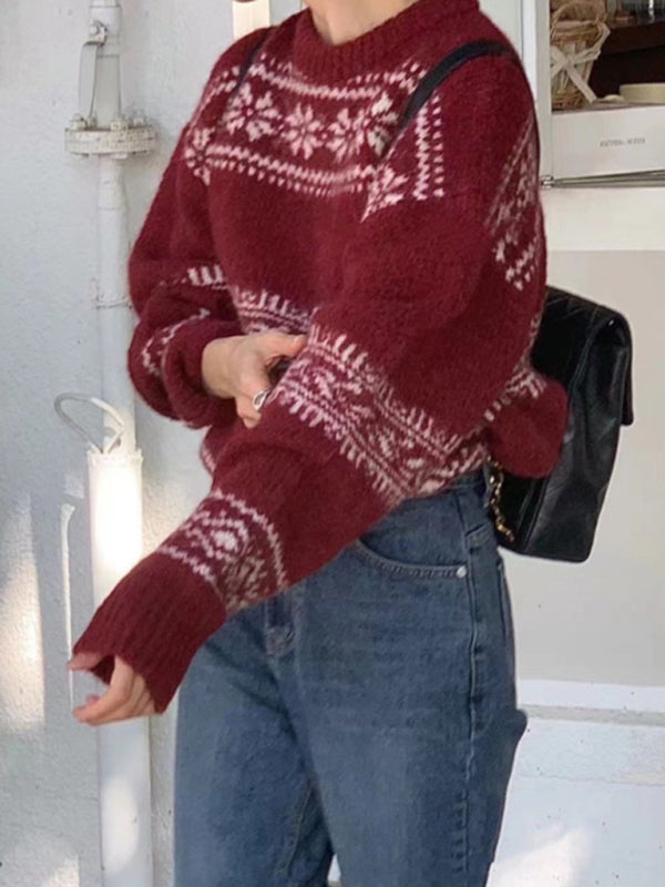 Close-up of women's patterned knit sweater, showcasing intricate design and soft texture