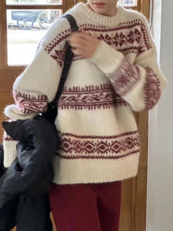 Full shot of woman wearing a stylish patterned crewneck knit sweater for spring