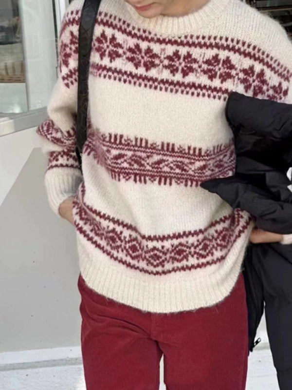 Casual wear women's patterned knit sweater with a classic crewneck design