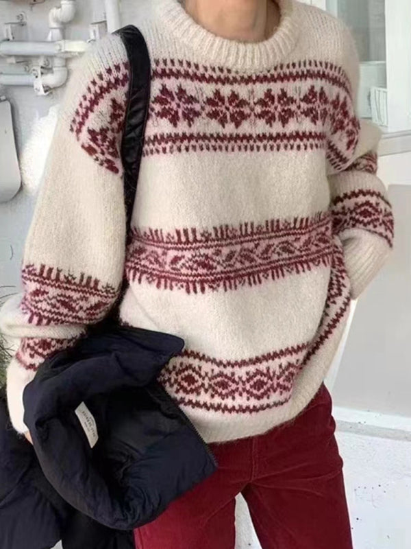 Detailed view of the pattern on a women's crewneck knit sweater, ideal for spring fashion