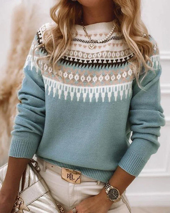 Women's patterned knit crewneck sweater with long sleeves, ideal for spring fashion, casual wear.