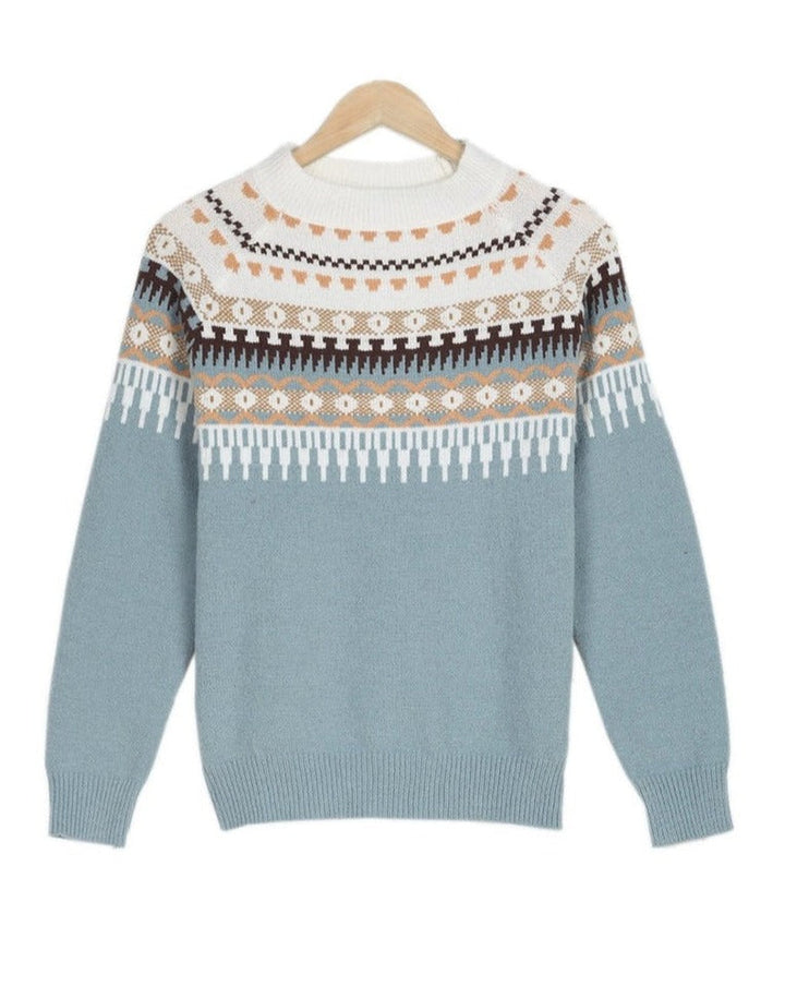 Vibrant patterned crewneck knit sweater for women, an essential stylish top for spring fashion.