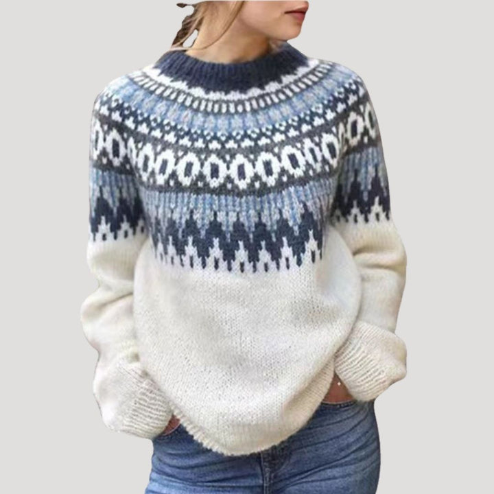 Women's patterned knit pullover sweater, blue and white, casual long sleeve crew neck top