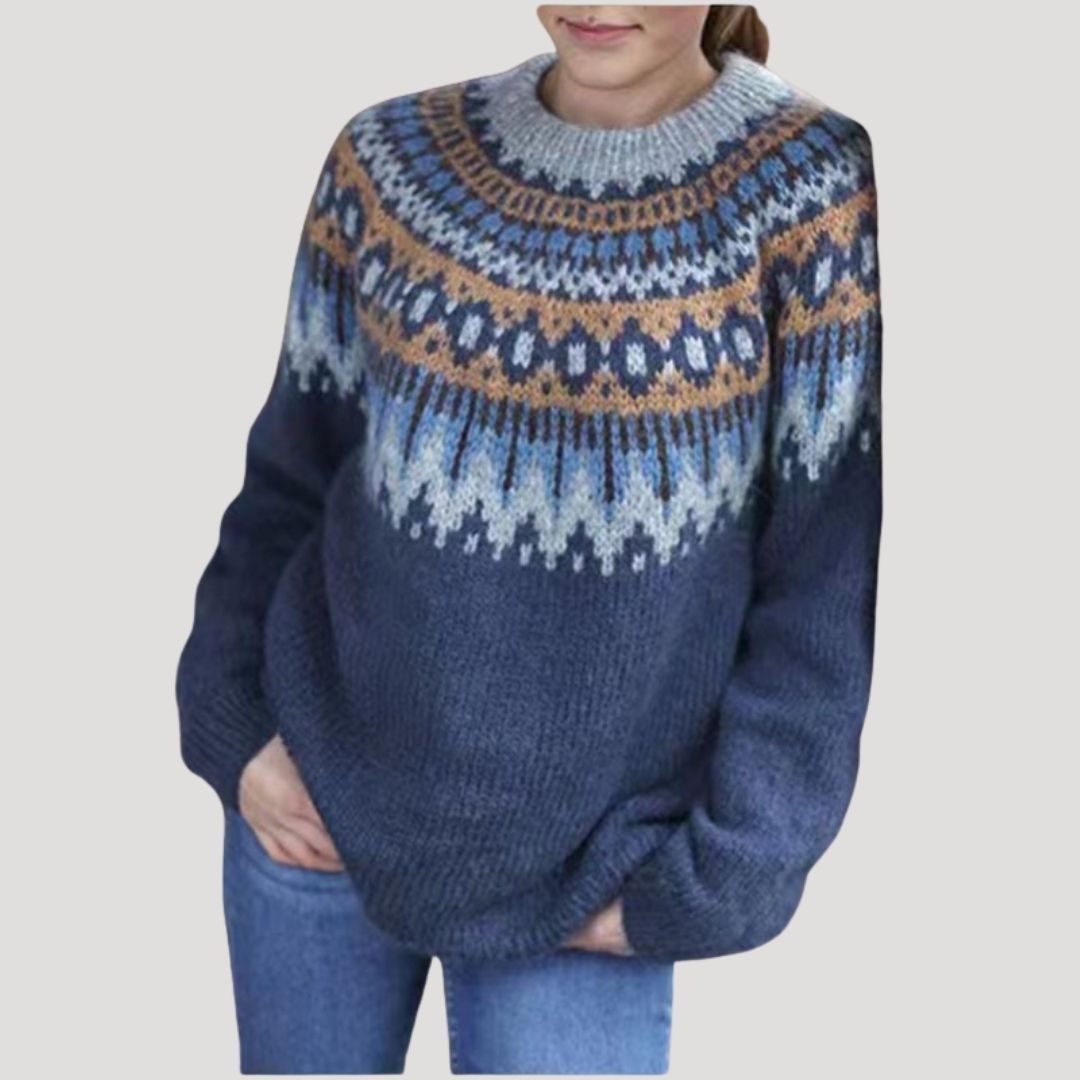 Comfortable women's patterned knit sweater, perfect for spring fashion and everyday style