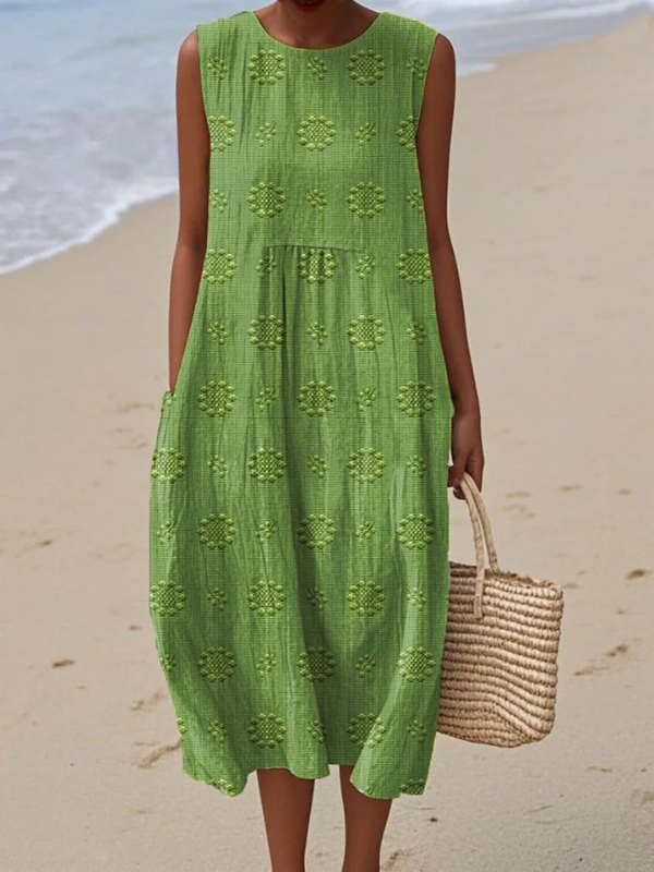 Women's patterned sleeveless midi dress in green & blue for effortless elegance & comfortable everyday wear.