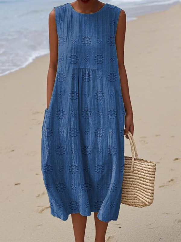 Versatile women's patterned midi dress, sleeveless, in blue & green; perfect for casual comfort & elegant style.