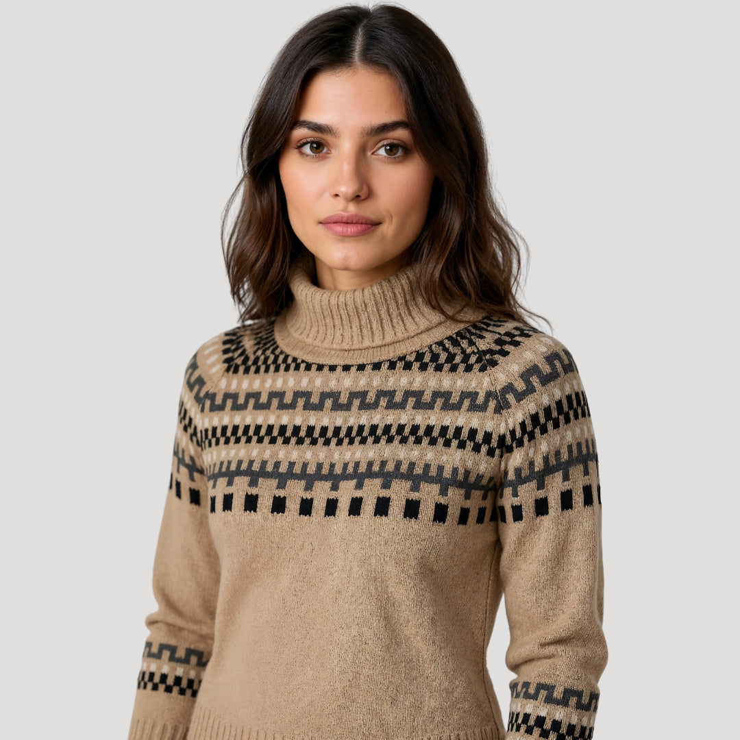 Stylish women's spring knitwear with unique pattern, comfortable turtleneck, and long sleeves