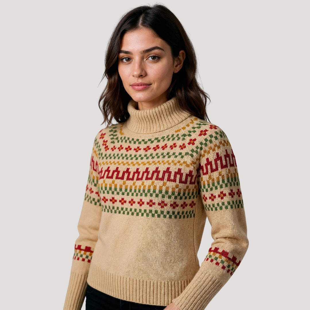 Chic women's long-sleeve knit sweater with a trendy pattern and protective turtleneck for spring