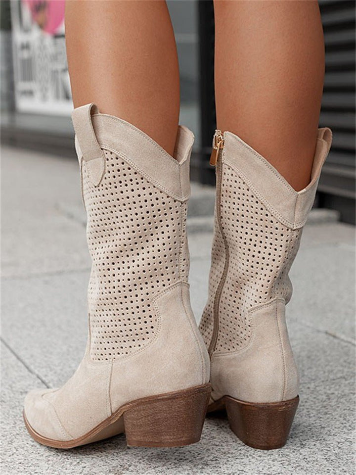 Versatile women's neutral perforated western ankle boots. Cowboy style with stable block heel & sleek pointed toe.