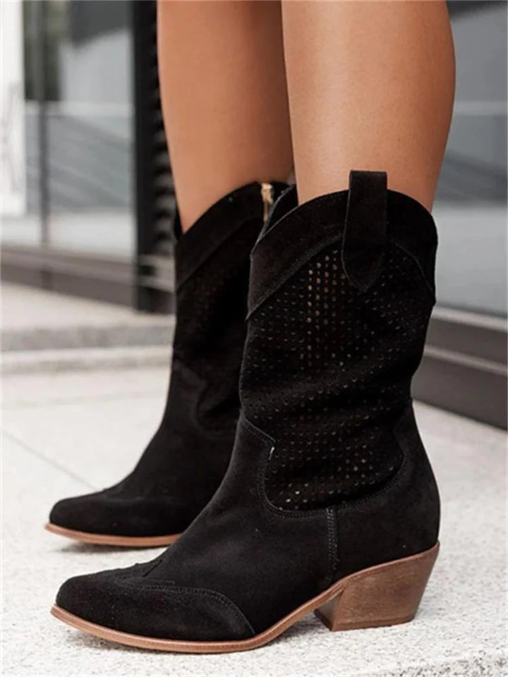 Fashionable women's perforated ankle boots in western style. Pointed toe, block heel. Great comfortable everyday footwear.