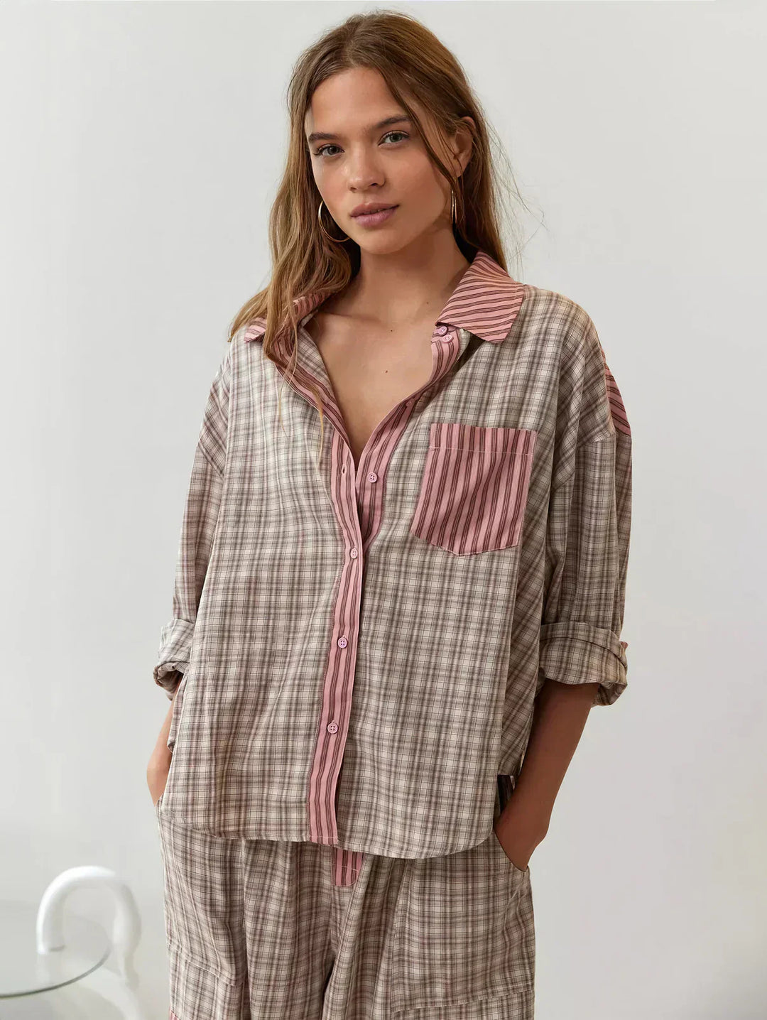 Women's pink and blue plaid two-piece set, perfect for spring casual wear or a coordinated outfit