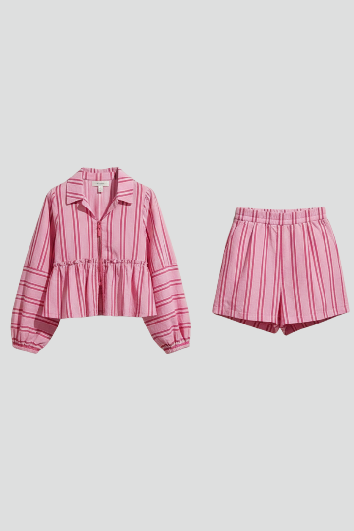 Women's pink and white striped long sleeve shorts set, perfect for casual summer wear.
