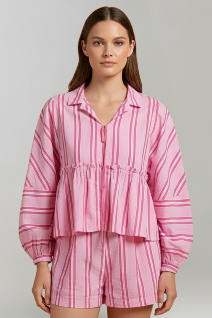 Green and white striped two-piece shorts set for women, featuring a comfortable long sleeve top.