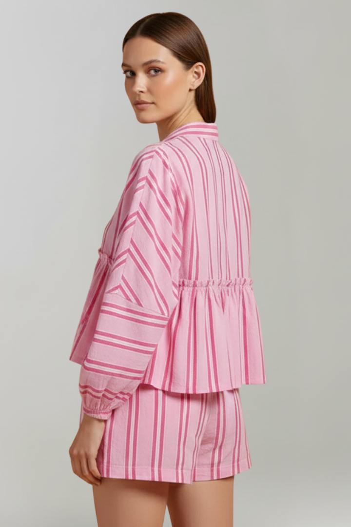 Summer fashion women's striped long sleeve and shorts set in green, a stylish two-piece outfit.