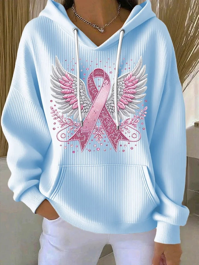 Women's pink awareness ribbon hoodie pullover, comfortable casual fashion for cancer support.