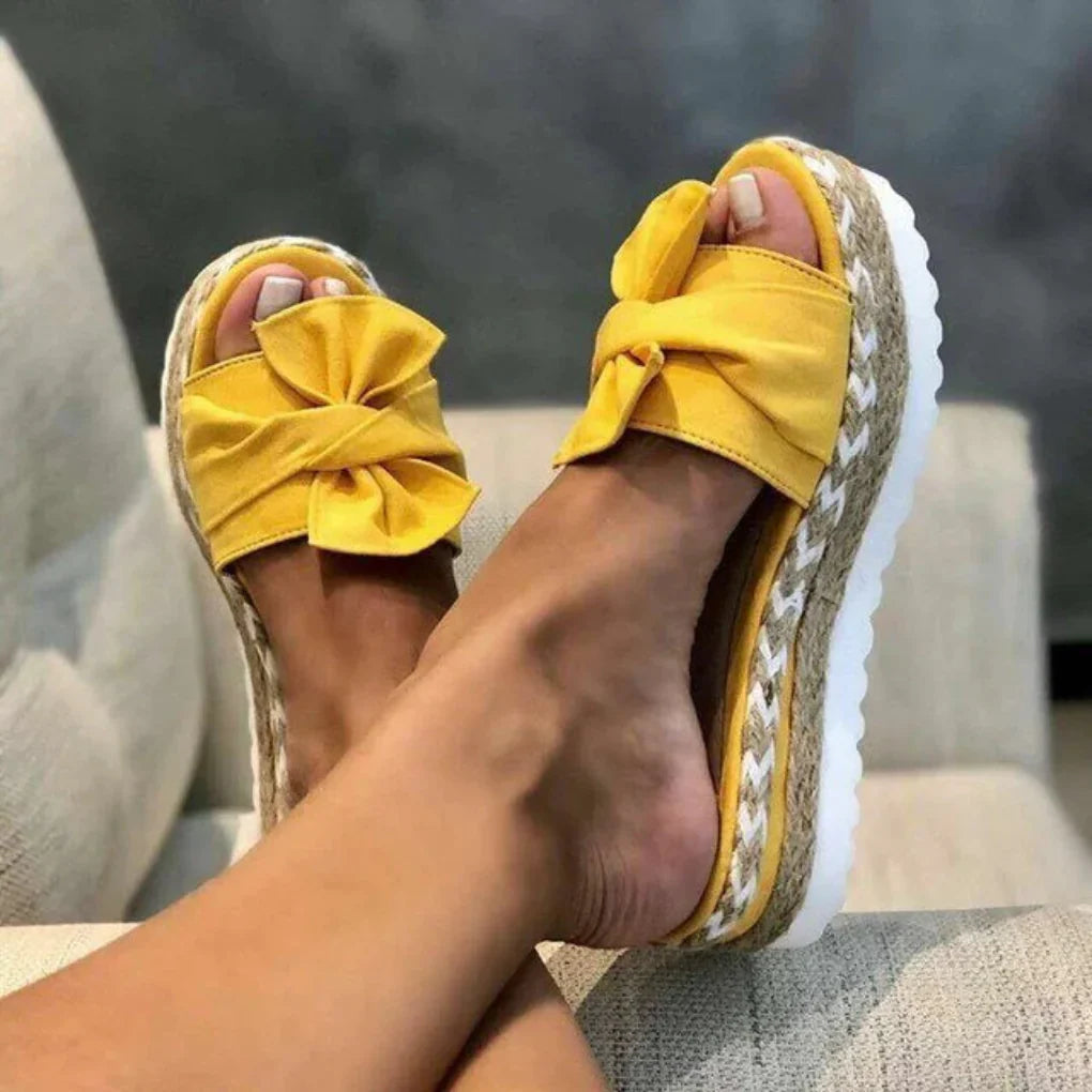 Elegant beige bow platform slide sandals, versatile women's footwear for spring & summer
