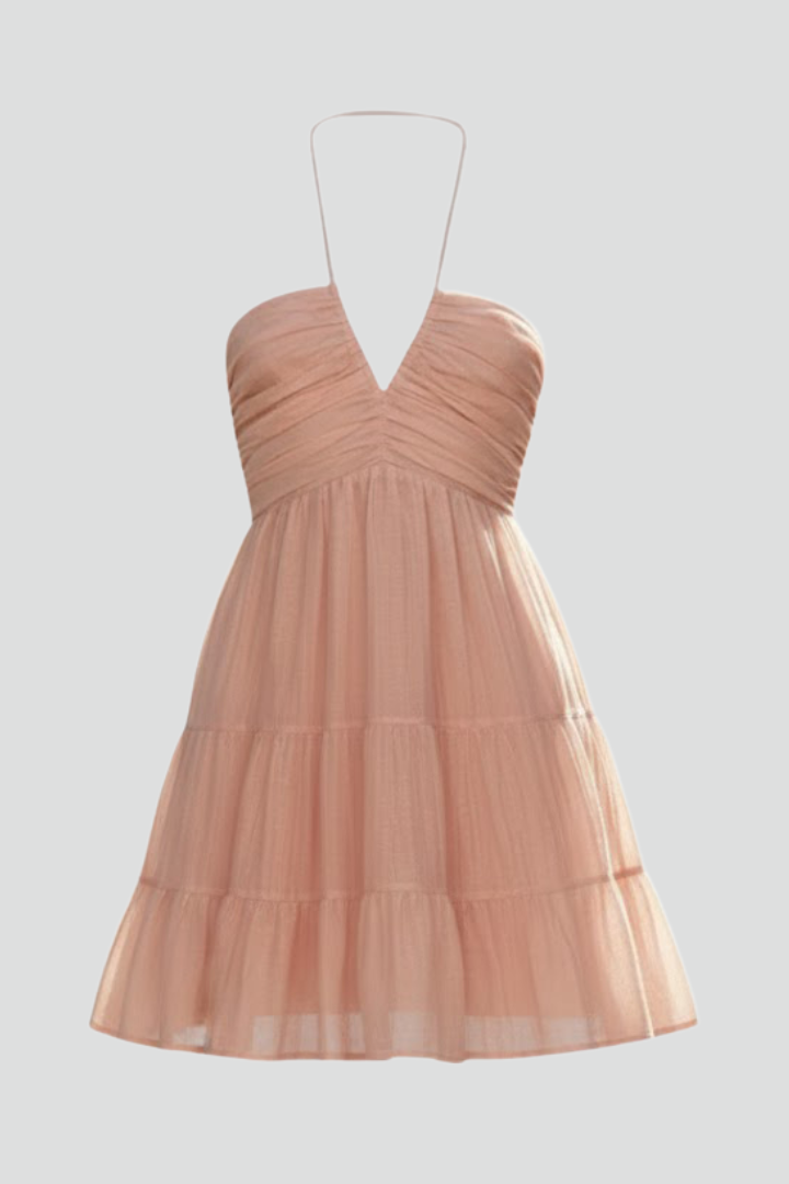 Women's pink halter neck tiered mini dress for summer fashion, perfect for casual outings or parties.