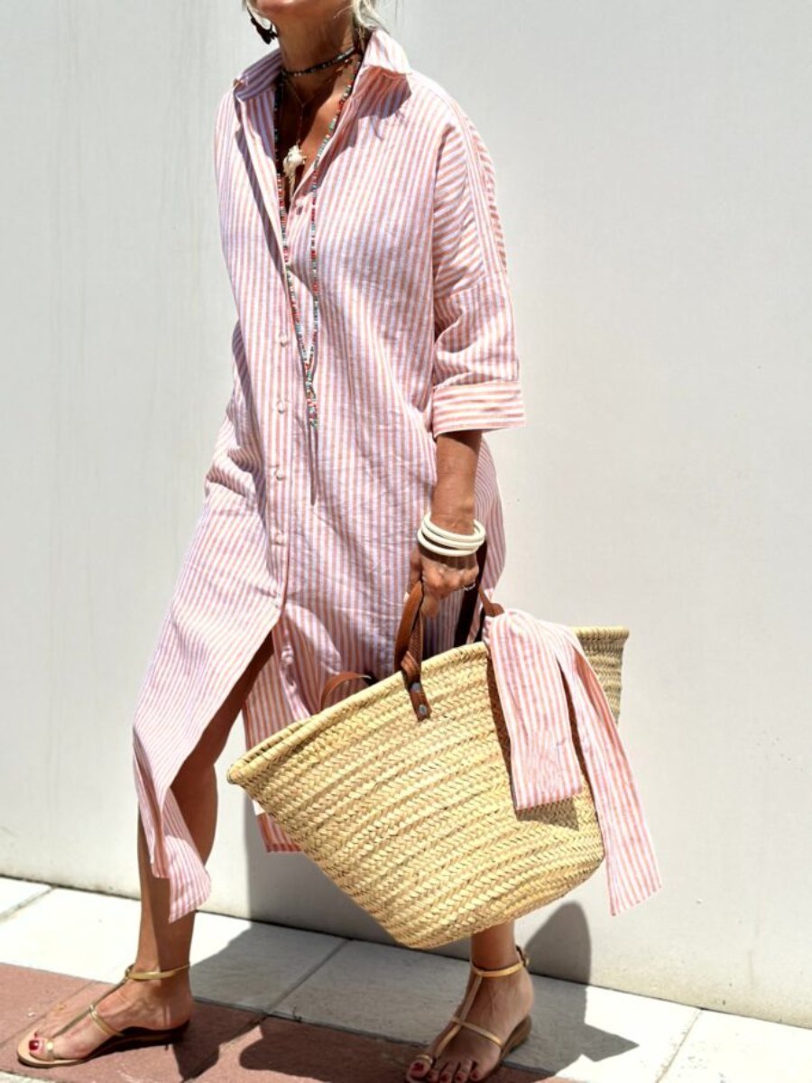 Women's pink striped midi button down shirt dress, perfect for casual summer wear.
