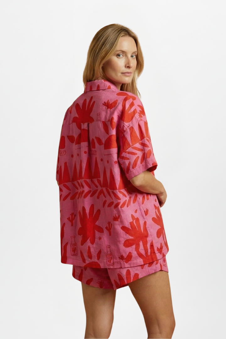 Casual women's pink two piece set featuring unique print, comfortable summer apparel
