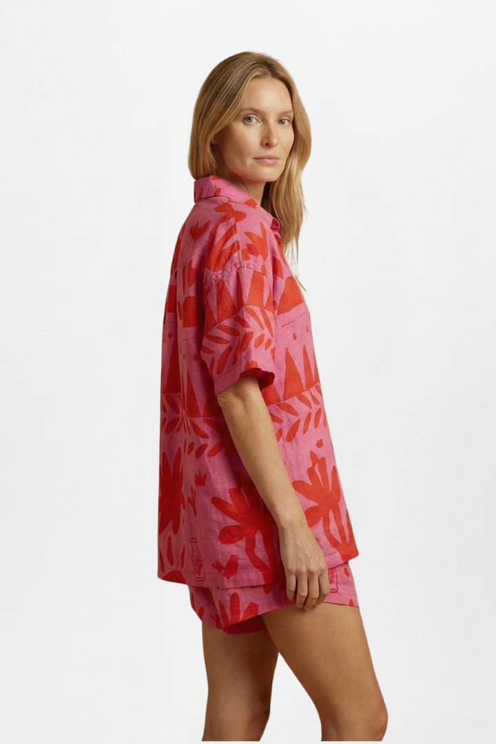 Vibrant pink printed shorts and blouse matching set for women's summer fashion
