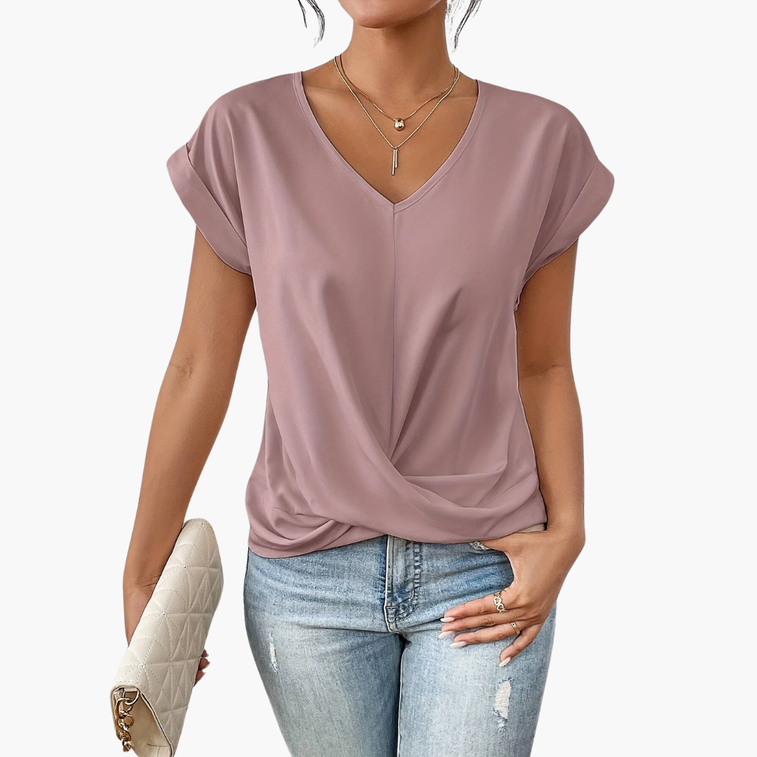 Women's pink V-neck draped casual top, perfect for spring and summer everyday wear, relaxed fit