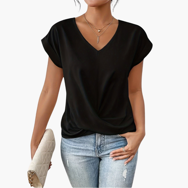 Stylish women's black V-neck draped blouse, ideal for casual spring outfits, versatile fashion