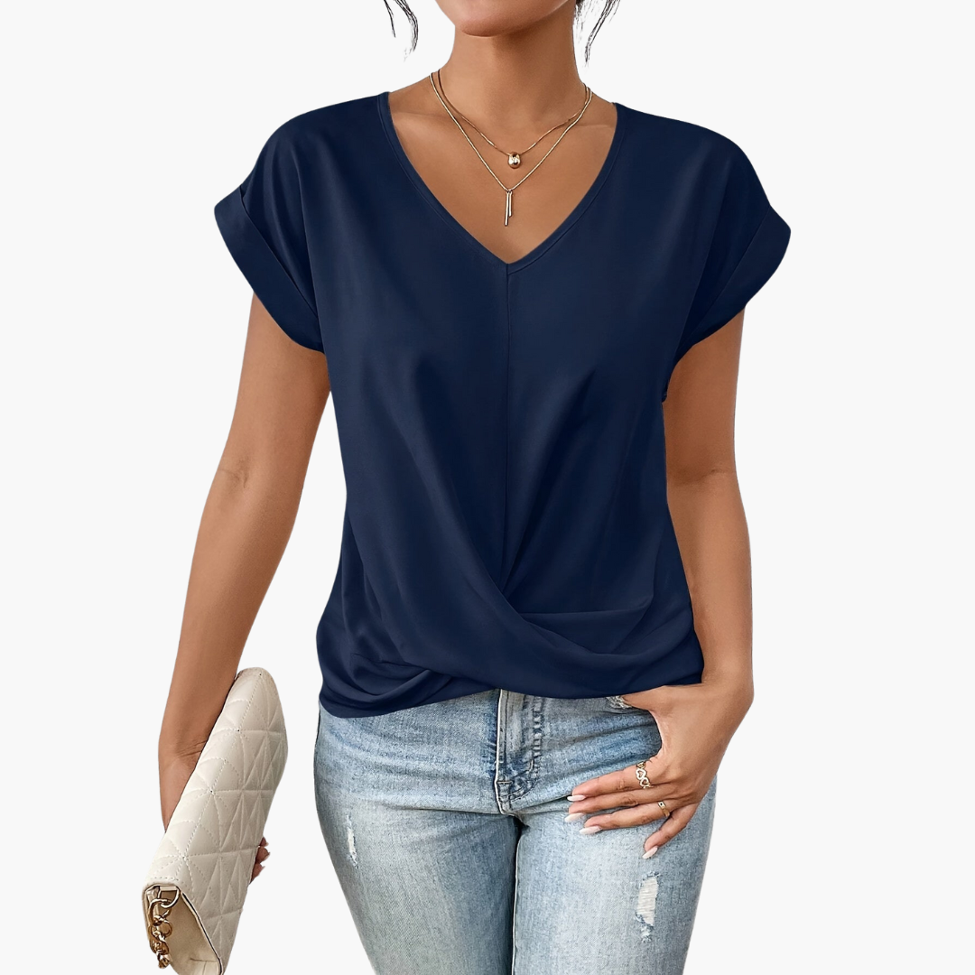 Fashionable white sleeved V-neck top, women's casual draped blouse for spring and summer, everyday