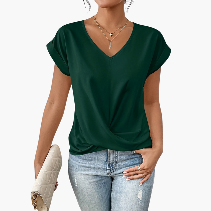 Women's striped V-neck draped top, a comfortable and chic option for spring and summer ensembles