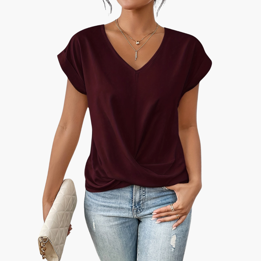 Peach V-neck draped top for women, a comfortable and stylish addition to your spring summer wardrobe