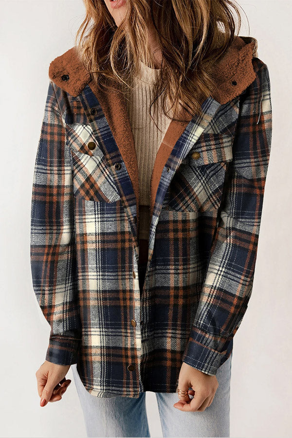 Women's plaid hooded flannel jacket, sherpa lined for warmth. Casual winter outerwear.