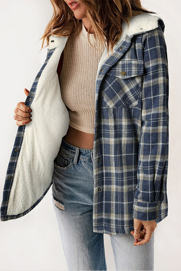 Women's casual plaid hooded jacket, sherpa lined for winter. Stylish and warm outerwear.