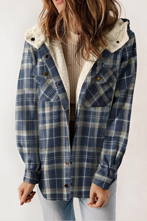 Cozy women's sherpa lined plaid hooded jacket, long sleeve and button front for winter fashion.