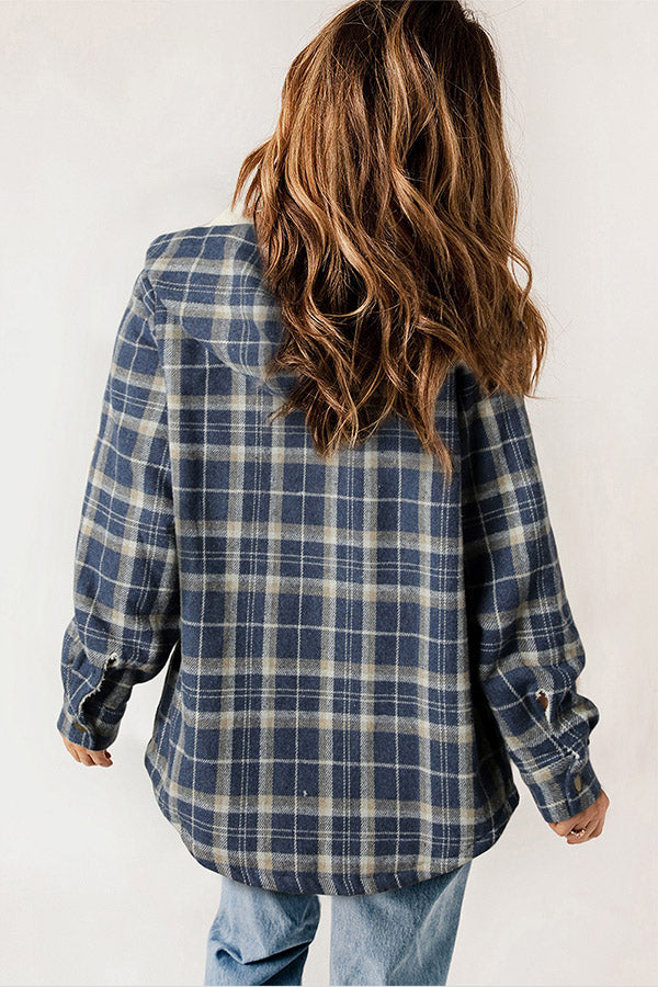 Warm women's plaid hooded flannel jacket. Sherpa lined for ultimate comfort in cold weather.