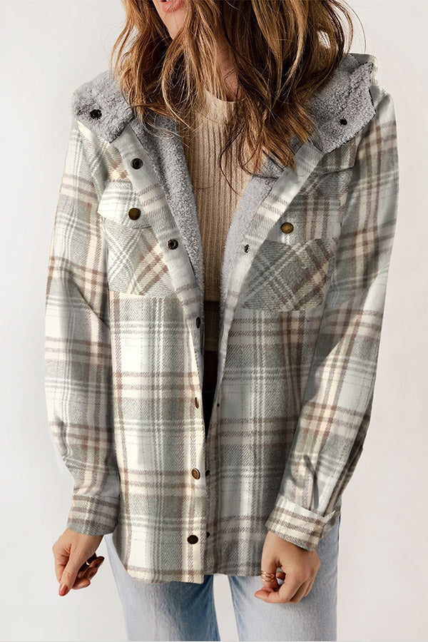 Casual women's button front plaid jacket with hood, soft sherpa lining. Ideal winter coat.