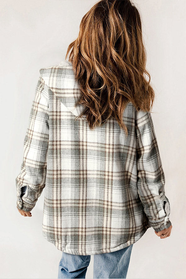 Fashionable women's plaid hooded jacket, sherpa lined. Long sleeve, great for cold weather.