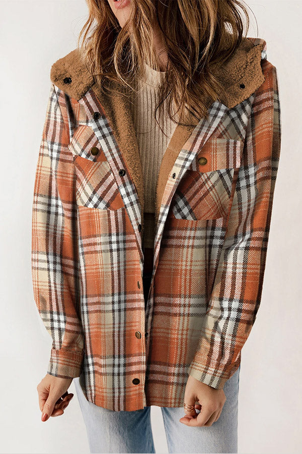 Women's warm plaid flannel jacket, sherpa lined hood. Casual button front winter outerwear.