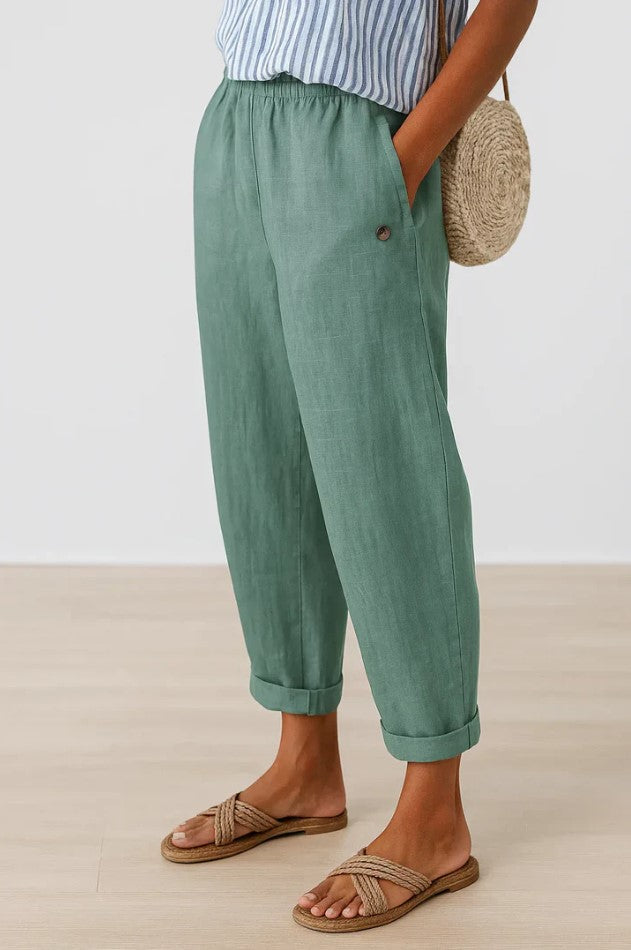 Summer women's plain straight-leg casual trousers. Light and comfortable everyday wear.