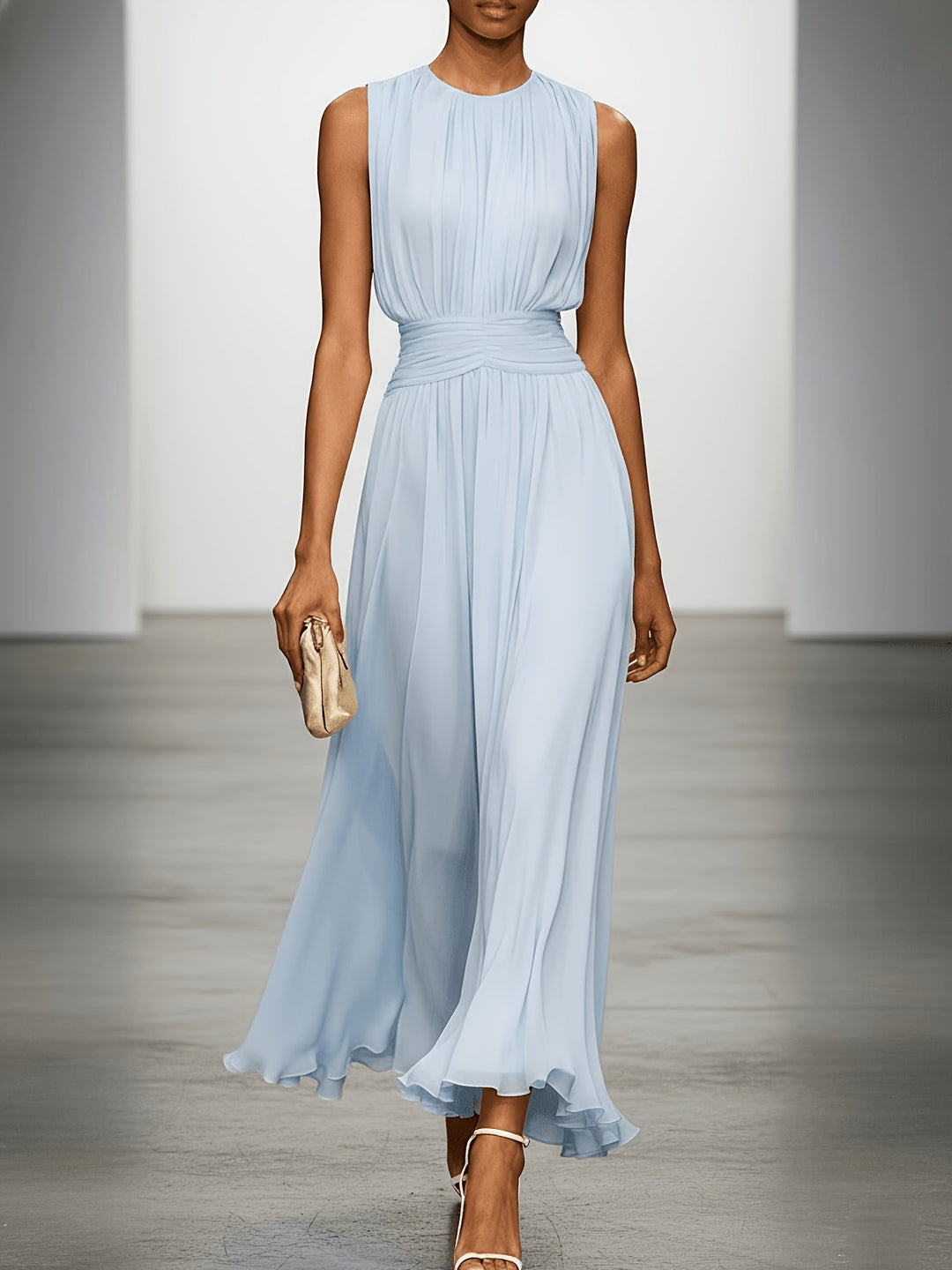 Elegant sleeveless maxi dress, pleated skirt & ruched waist for wedding guest or evening wear.