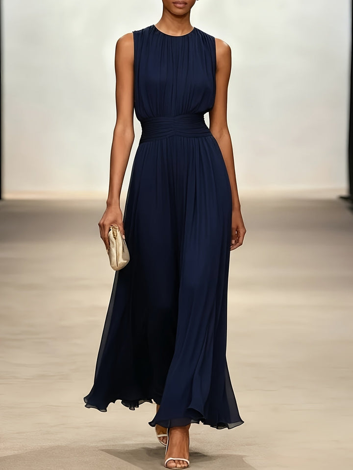 Formal women's pleated maxi dress, ruched waist, ideal for wedding guests & special occasions.
