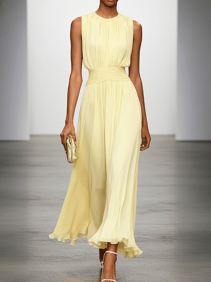Stylish women's wedding guest dress: pleated maxi design with a flattering ruched waist.