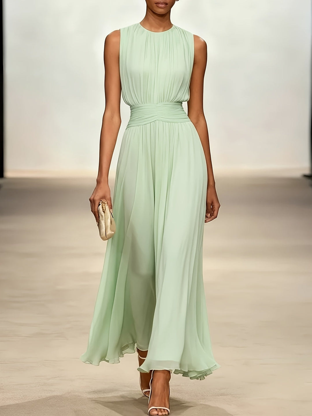 Sleeveless pleated maxi dress with elegant ruched waist, a perfect summer wedding guest outfit.