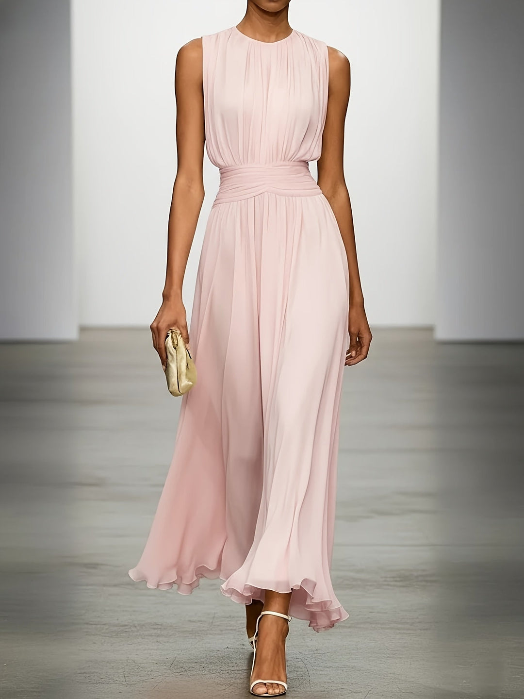 Chic women's formal evening gown: pleated maxi dress, ruched waist, ideal for parties.