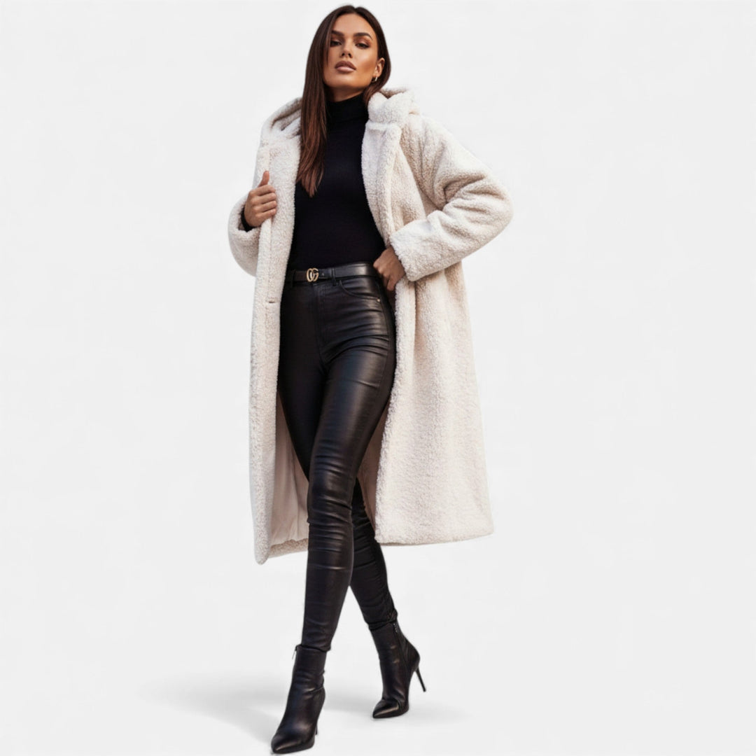 Stylish women's long plush winter coat, cozy & warm for cold weather.