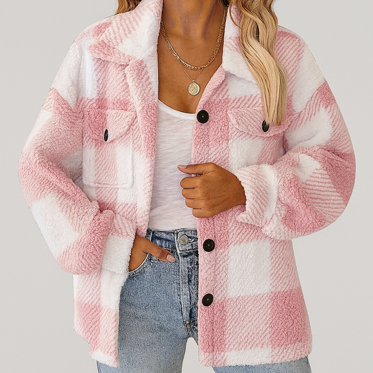 Women's plush plaid button-up jacket, cozy sherpa fleece, relaxed fit, fall fashion