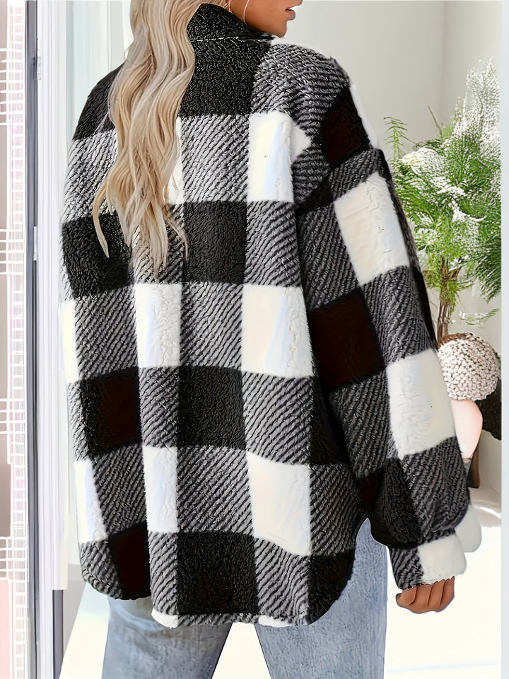 Warm women's plush plaid jacket, perfect for cold weather, button-up sherpa fleece outerwear