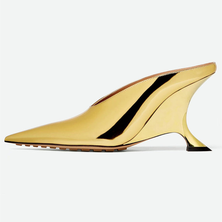 Stylish women's metallic pointed toe mules, featuring a comfortable wedge and striking sculpted heel.